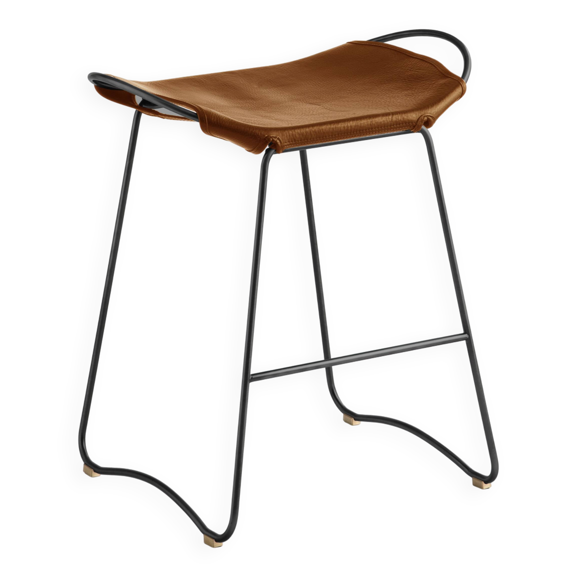 Contemporary Kitchen Counter Stool in Black Steel and Natural Tobacco Leather