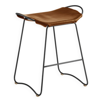 Contemporary Kitchen Counter Stool in Black Steel and Natural Tobacco Leather