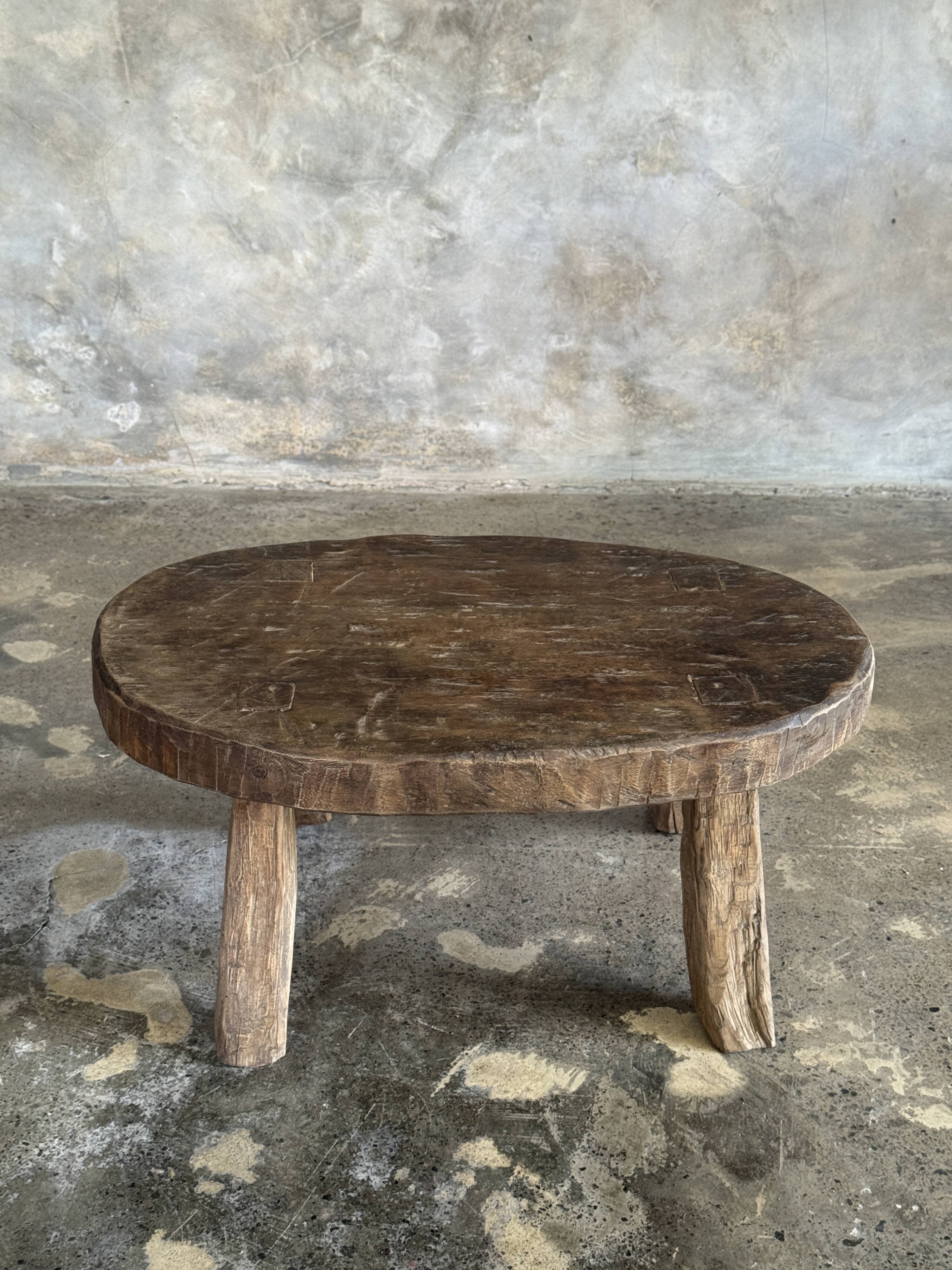 Small stool or small oval side table in solid teak wabi-sabi H24 53