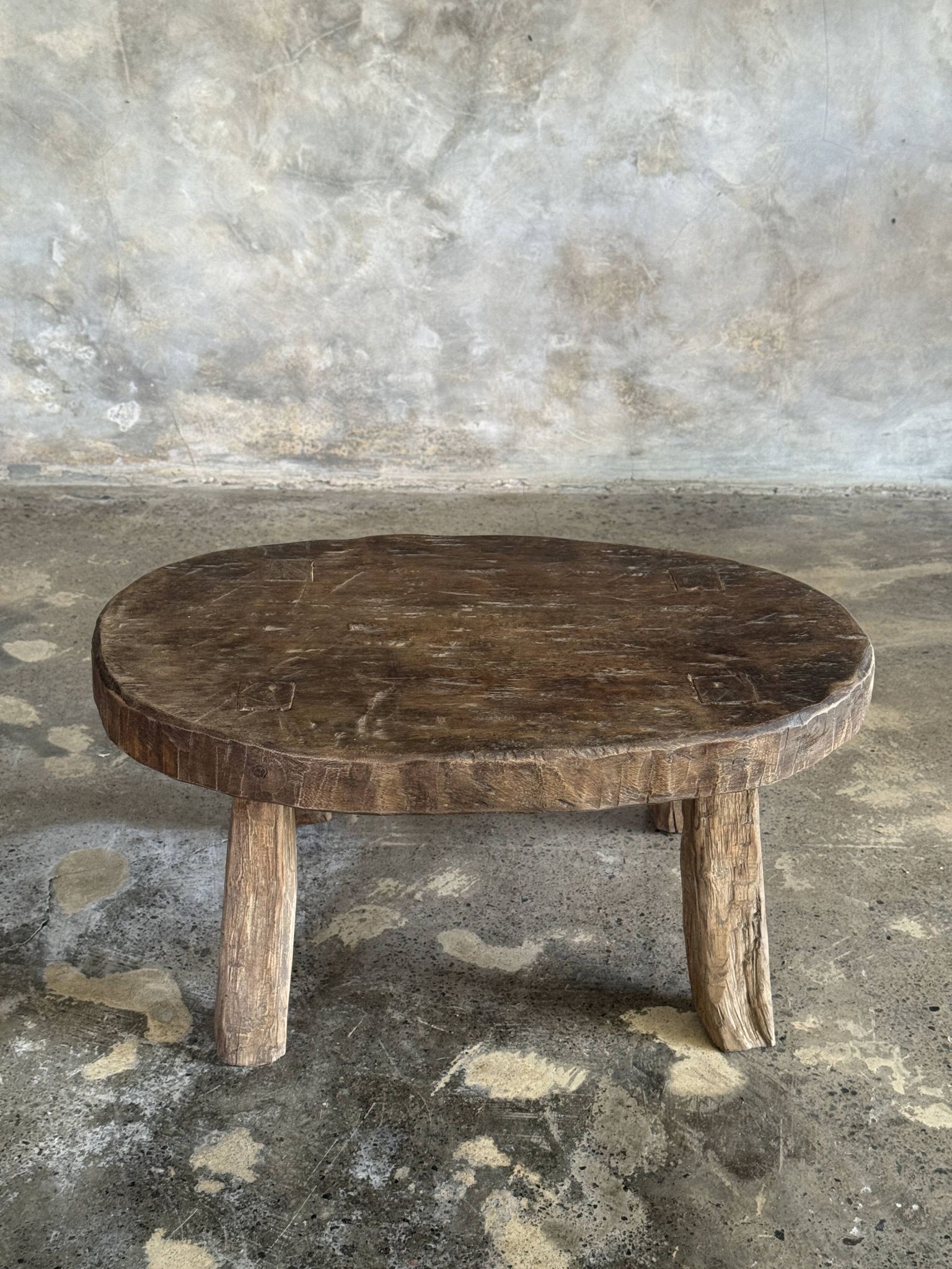 Small stool or small oval side table in solid teak wabi-sabi H24 53