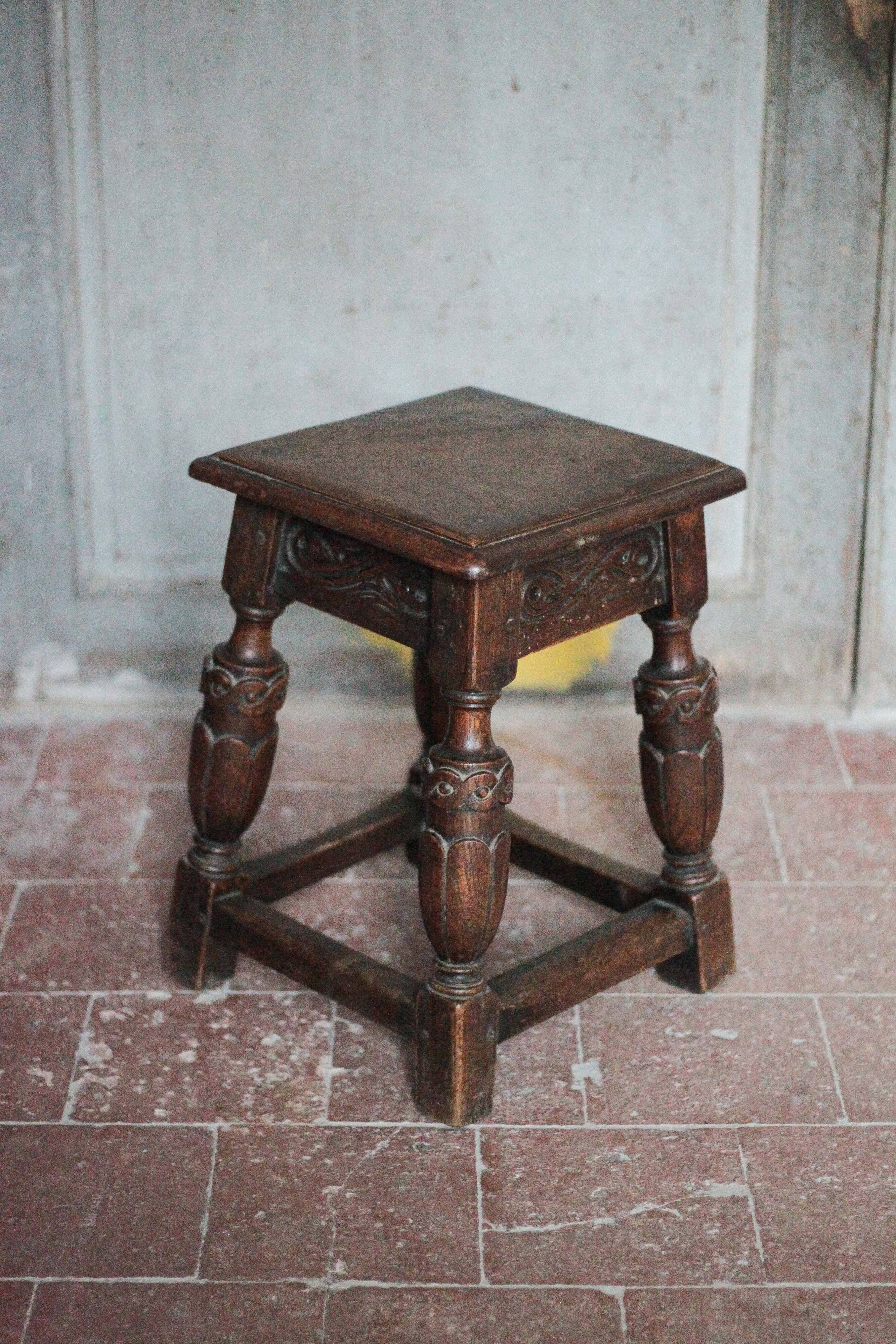Antique wooden stool in Elizabethan English style, occasional stool
