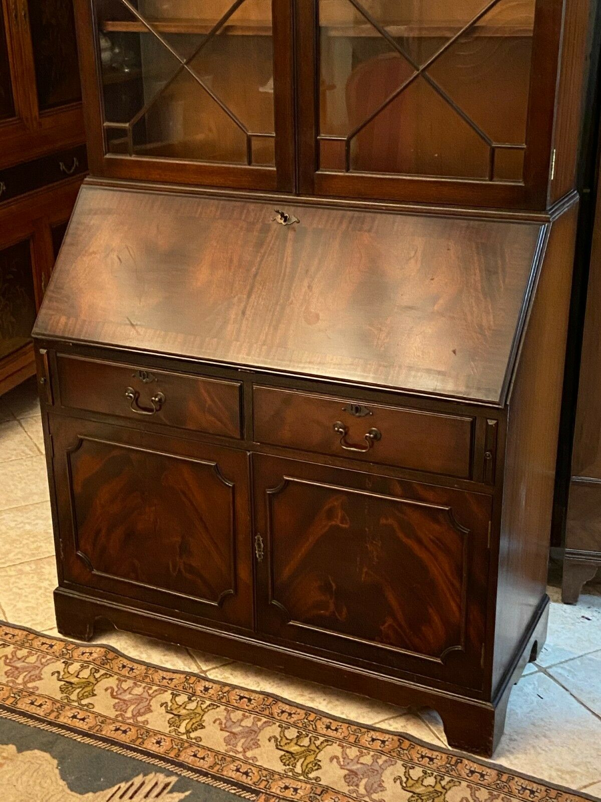 English Scriban two body secretary office showcase library in mahogany