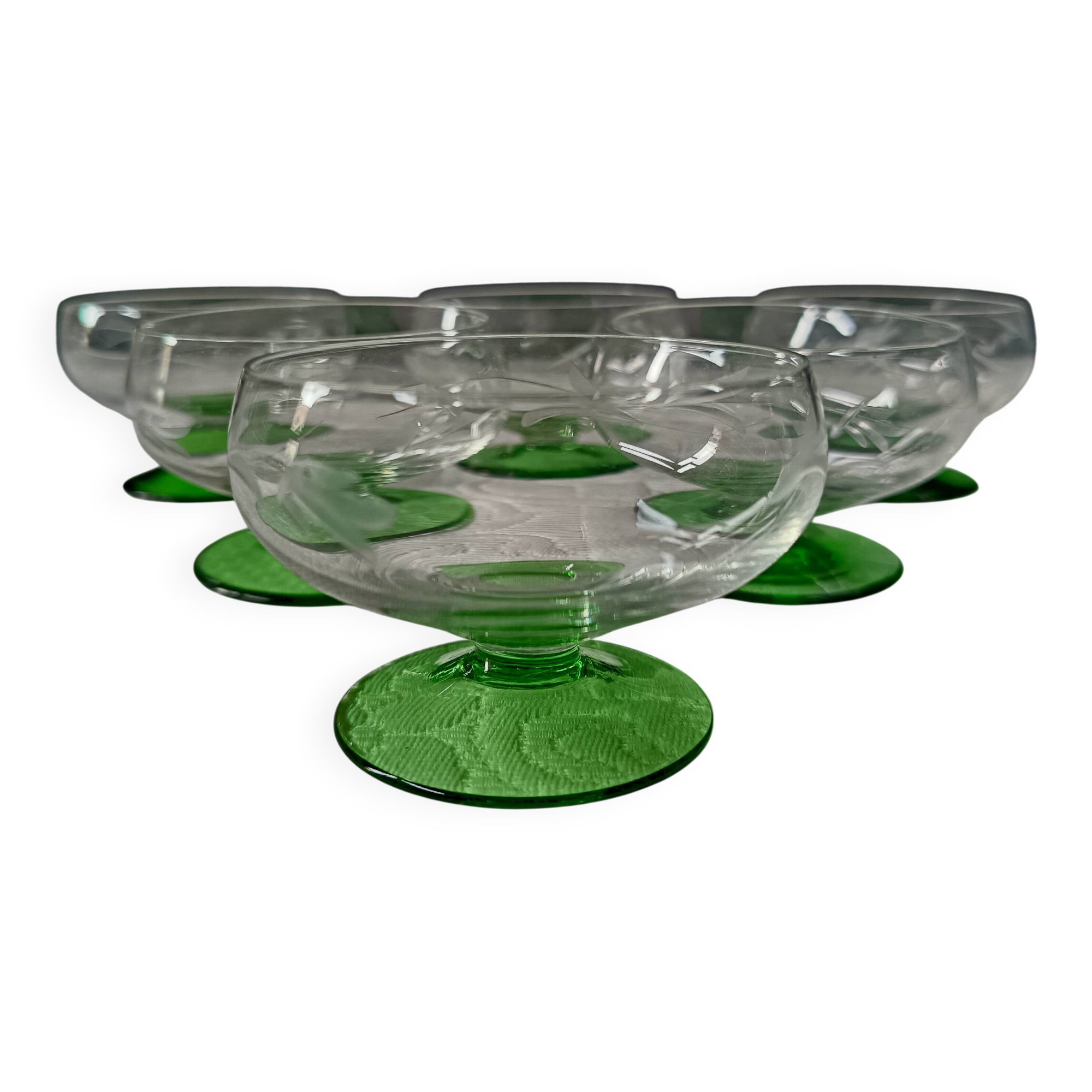 6 superb antique liqueur glasses on green stems, vintage cut glass