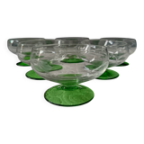 6 superb antique liqueur glasses on green stems, vintage cut glass