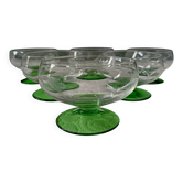 6 superbes verres à liqueur anciens sur pied vert, verre taillé vintage