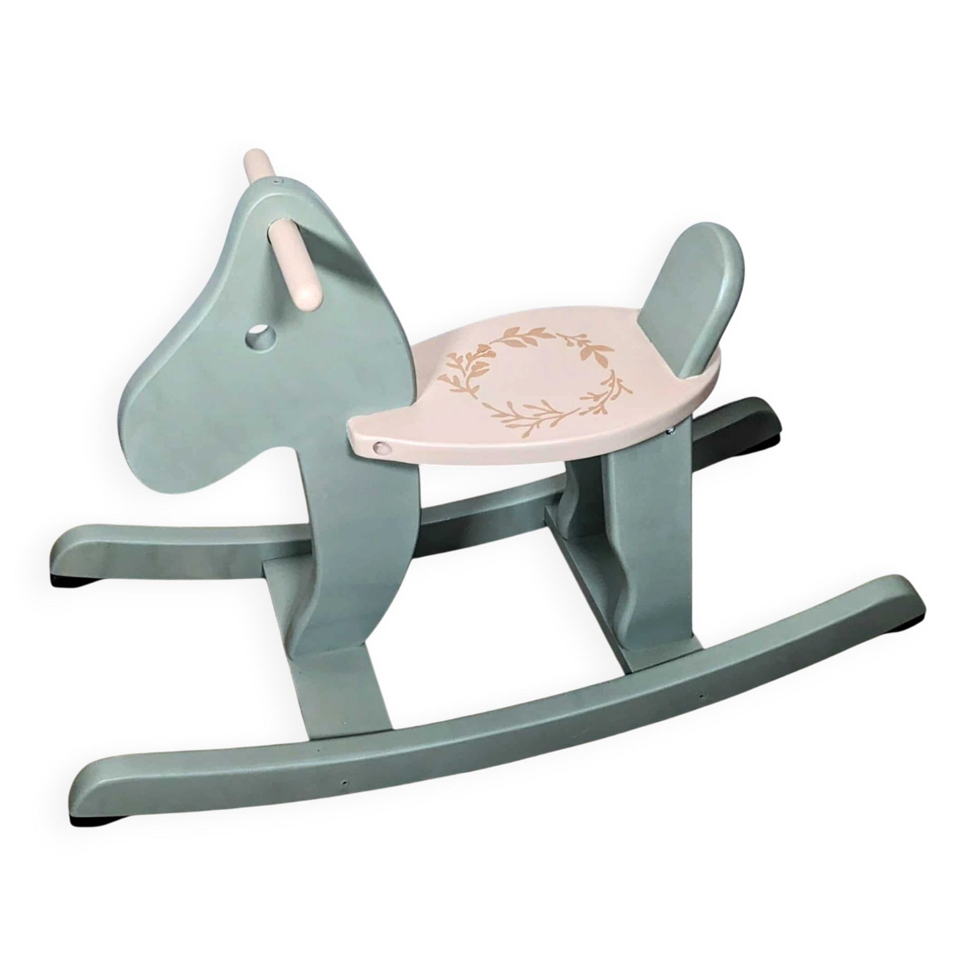 Green and beige wooden rocking horse