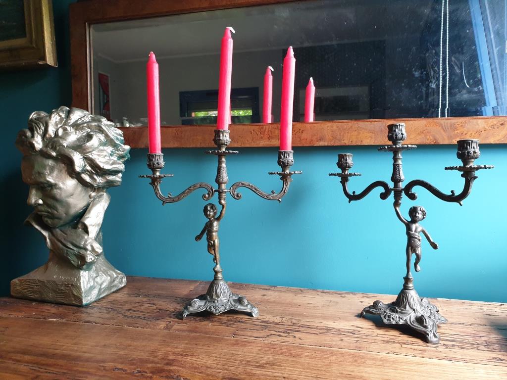 "Il mio bel foco" pair of candlesticks XIXth cherubs 3 torchieres