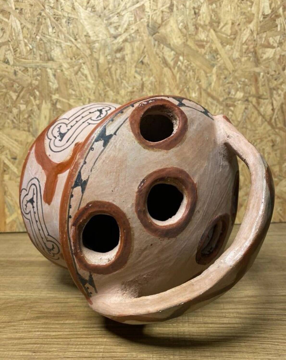 Ancient Berber flower holder, painted terracotta, vintage ethnic vase.