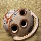 Ancient Berber flower holder, painted terracotta, vintage ethnic vase.