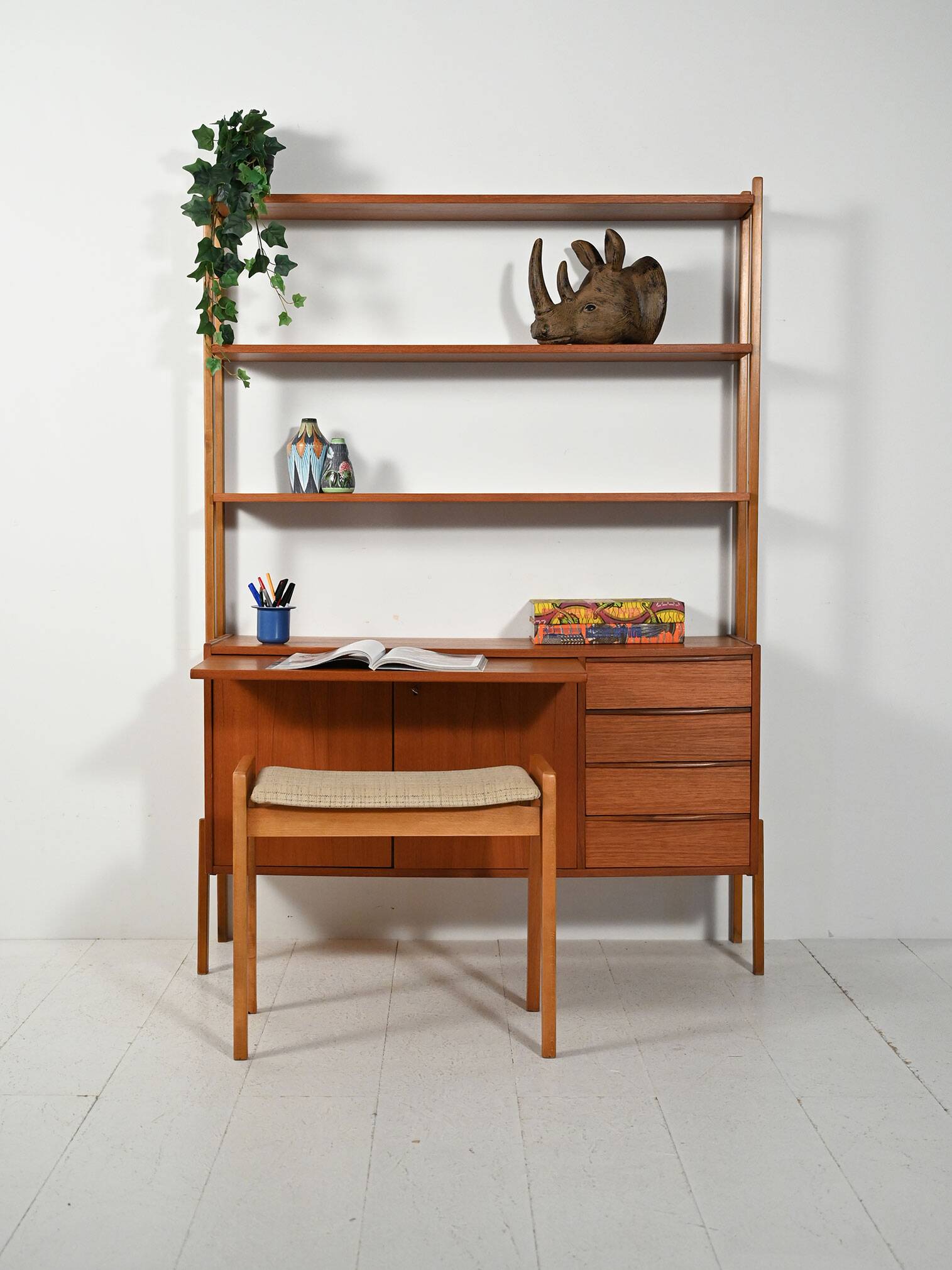 Scandinavian teak bookcase with pull-out desk