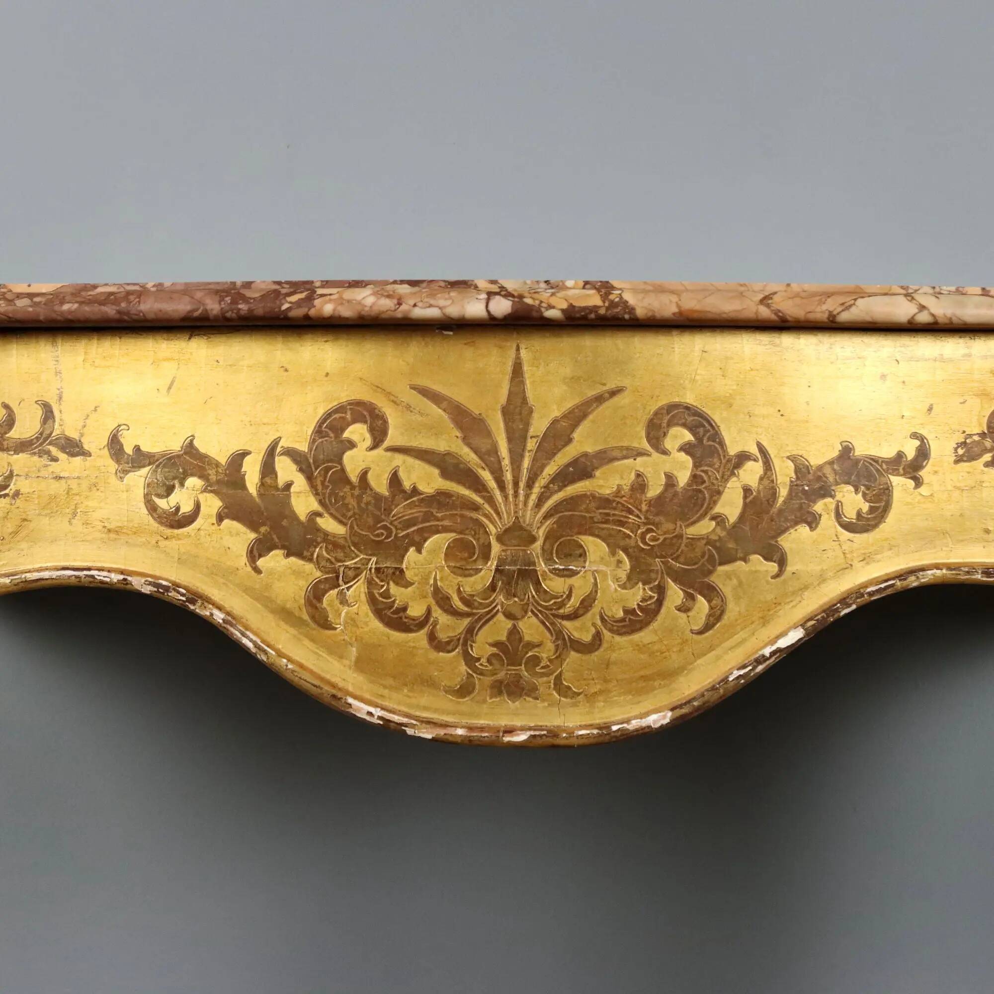 Antique gilded wooden console with marble top, Italy, 19th century.