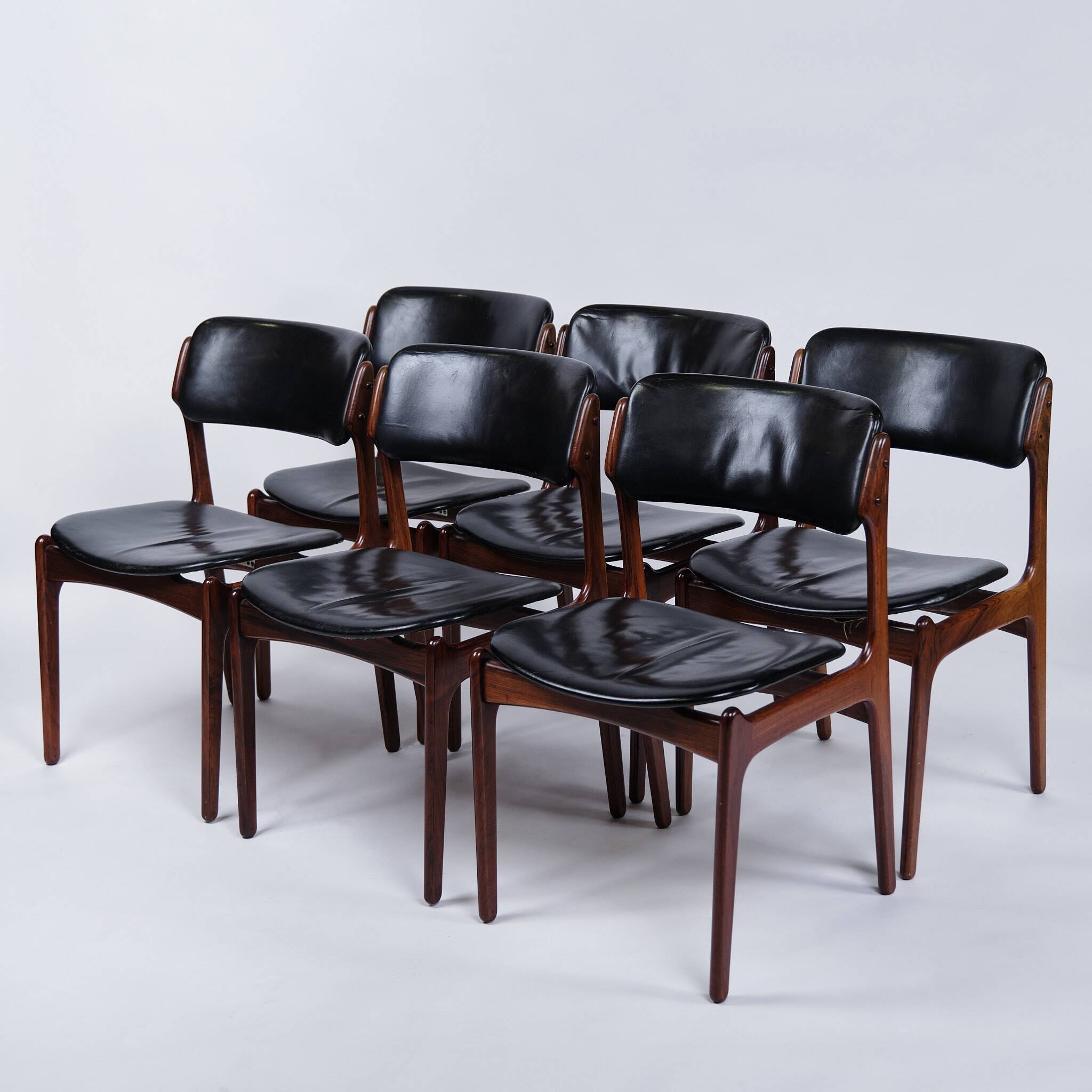 Set of six dining chairs – Erik Buch – Model OD 49 – Rosewood and black leather – O.D. Furniture – 1950s