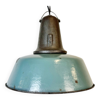 Large Industrial Petrol Enamel Factory Lamp with Cast Iron Top, 1960s