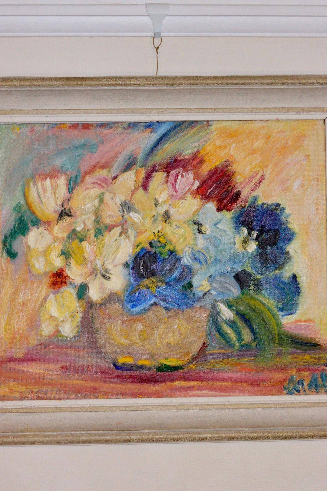 Original Swedish mid-century oil painting on panel "Flowers"