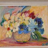 Original Swedish mid-century oil painting on panel "Flowers"