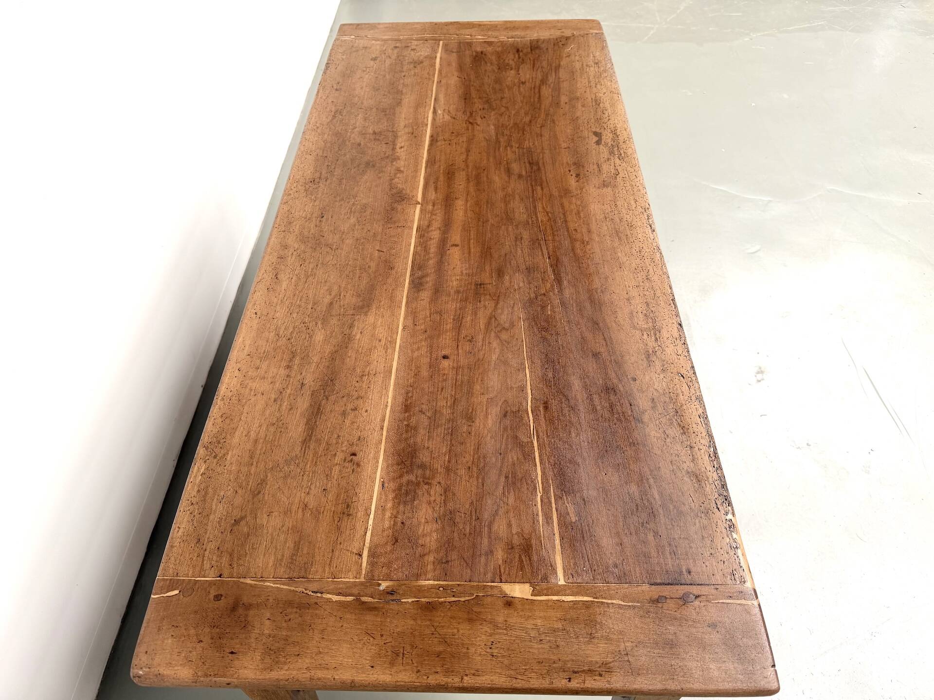 Farm table, old solid oak dough trough, France, around 1920.