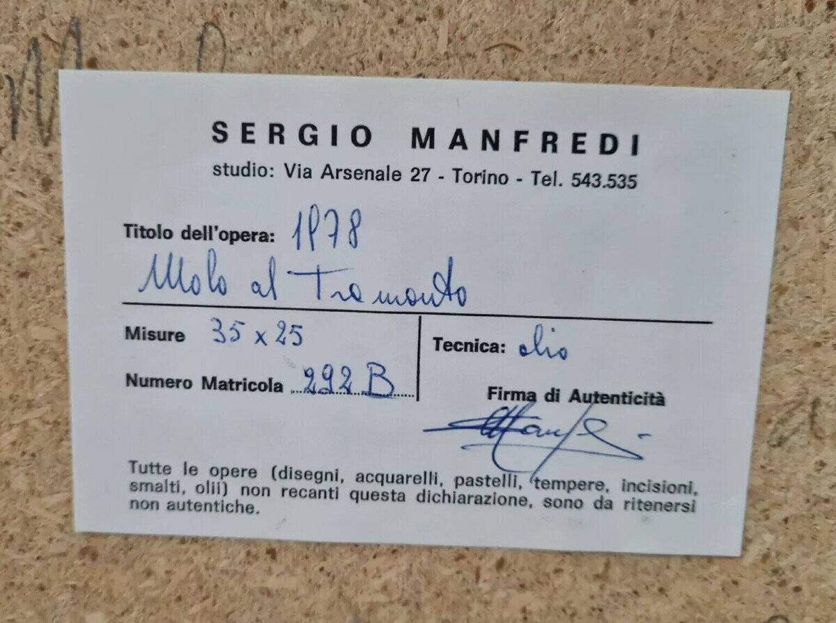 Sergio Manfredi pretty oil on panel depicting a lively seaside view