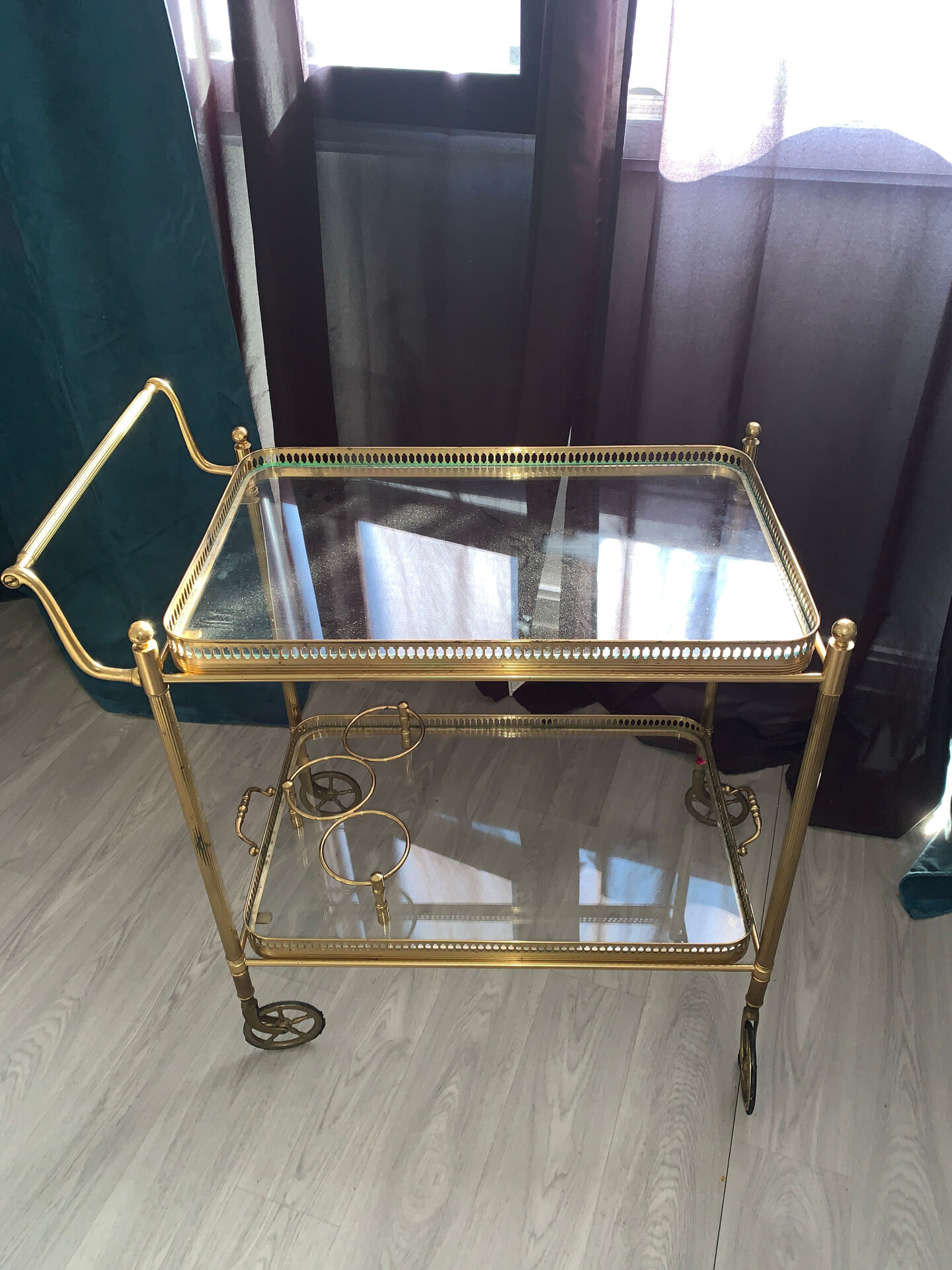 Vintage brass and glass serving trolley - Hollywood style