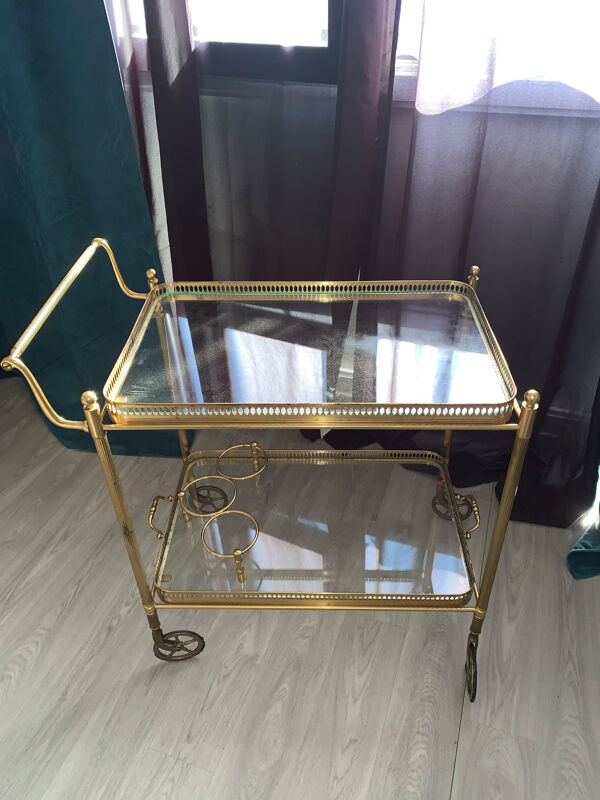 Desserte / Table roulante vintage en laiton et verre - Style Hollywood