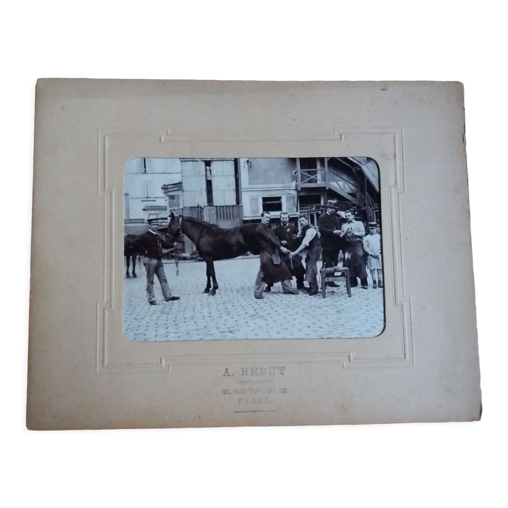Old photograph 1900 farrier and horse by A. Rebut in Paris