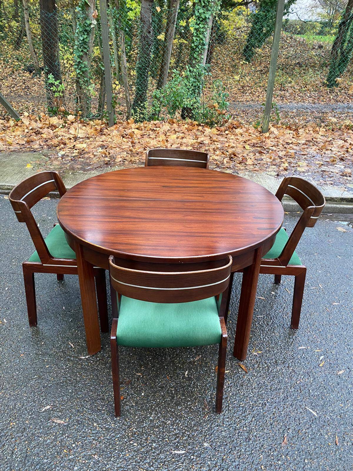Scandinavian dining table and 4 Hans Olsen style chairs in teak and velvet.