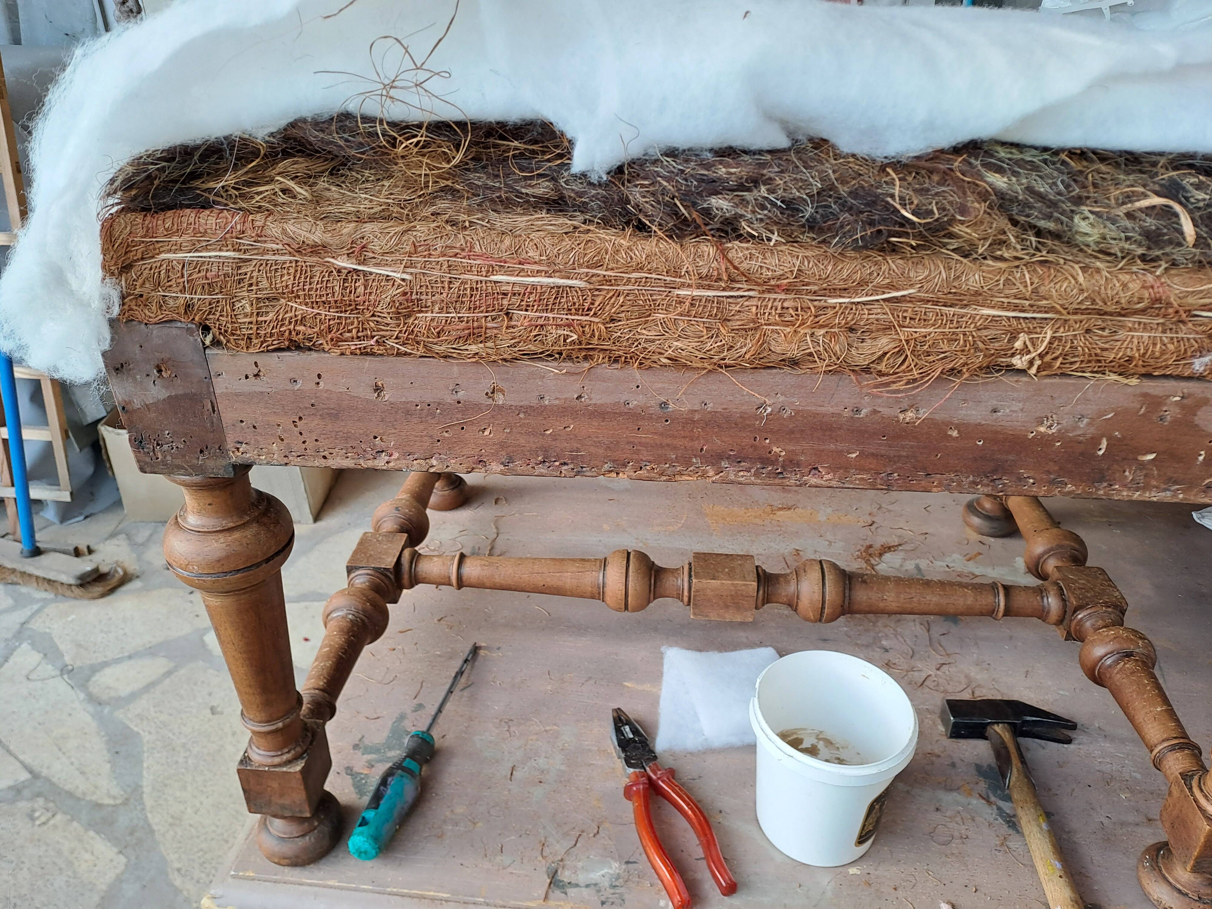 Set of 2 rectangular poufs, art deco footboard, reupholstered, vintage, 1930s/1950s