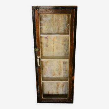 High old brown wall display case in old teak wood with original patina