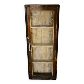 High old brown wall display case in old teak wood with original patina