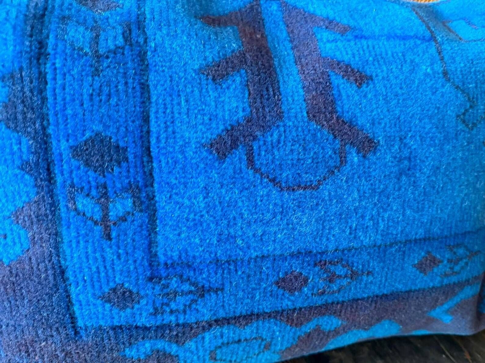 Electric Blue Vintage Turkish Rug Pillow, Hand-Stitched Wool Cushion