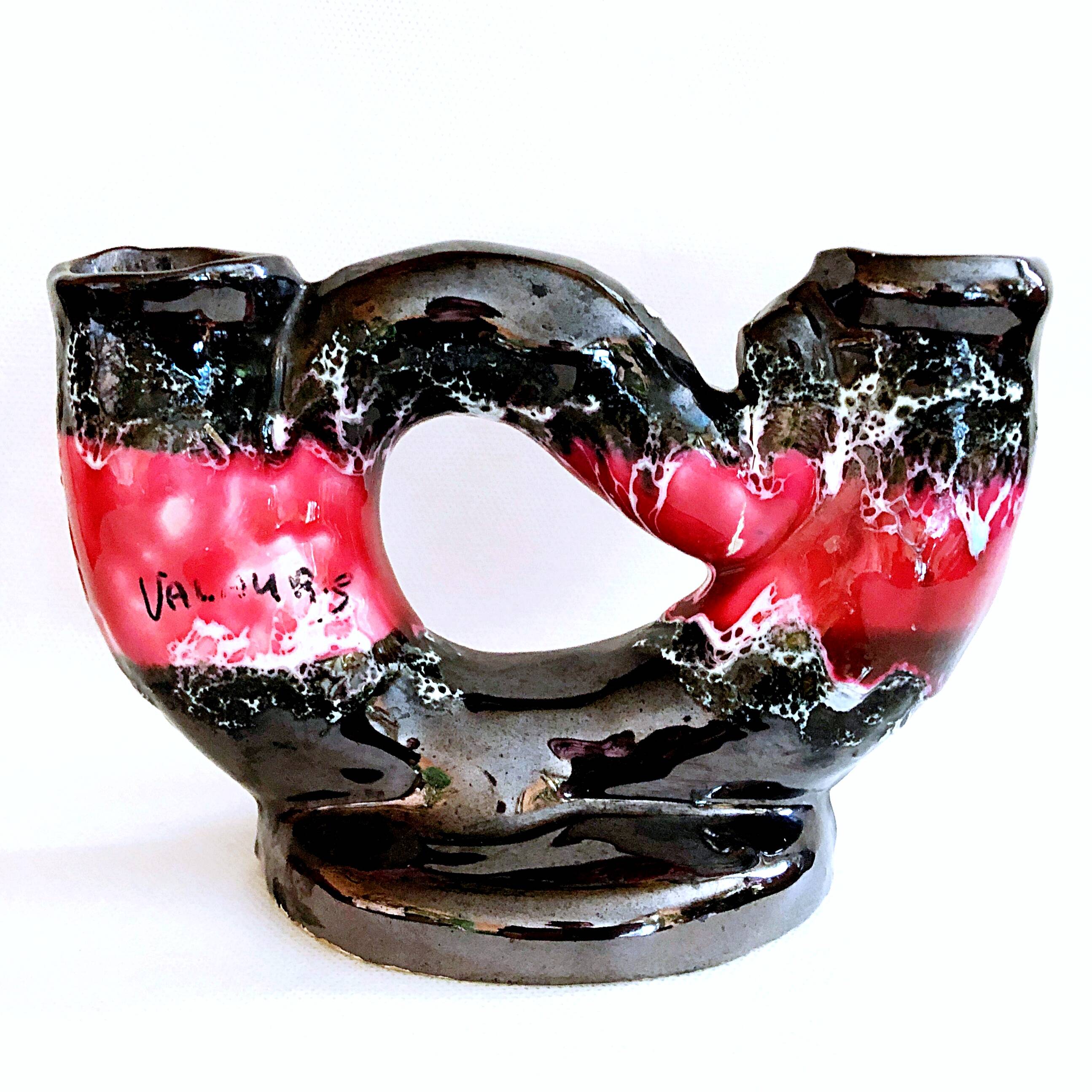 Vintage artisanal two-tone earthenware candle holder Vallauris France