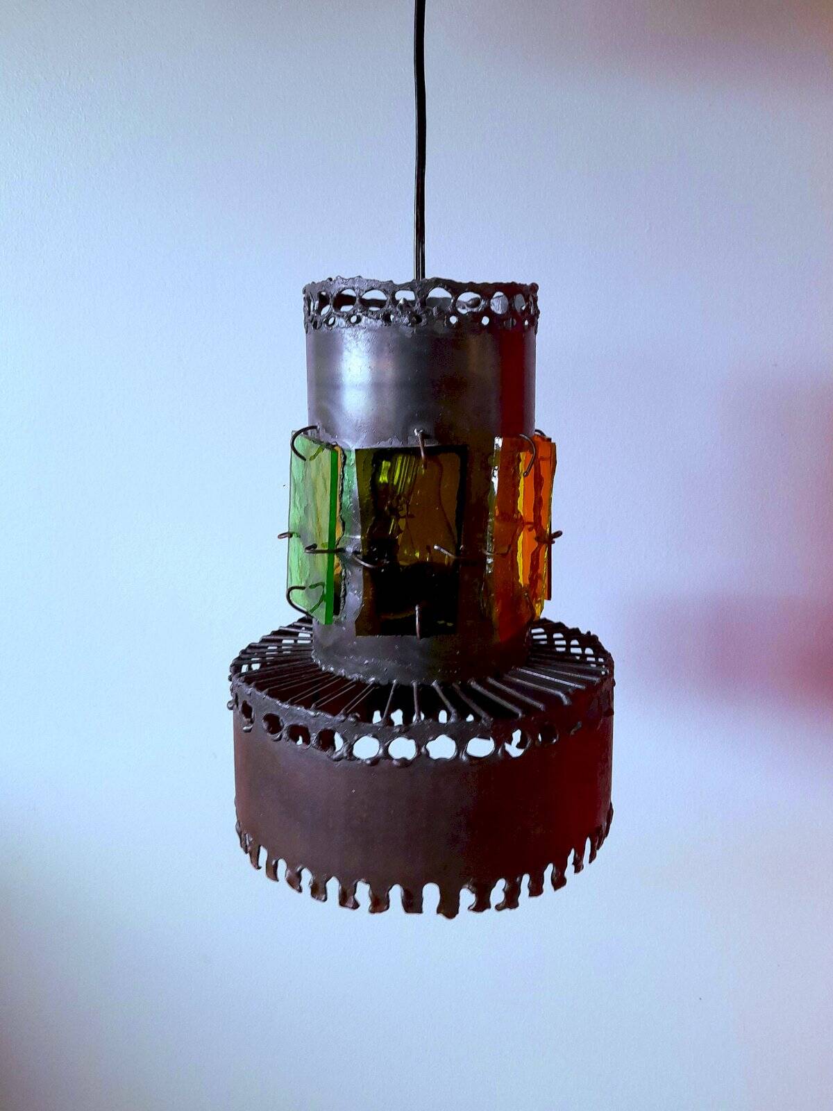 Brutalist suspension light 1960 industrial metal/glass