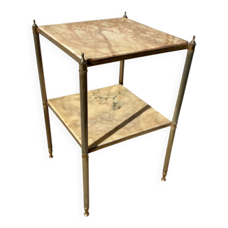 petite table bout de canapé à 2 plateaux laiton et marbre vintage 1960