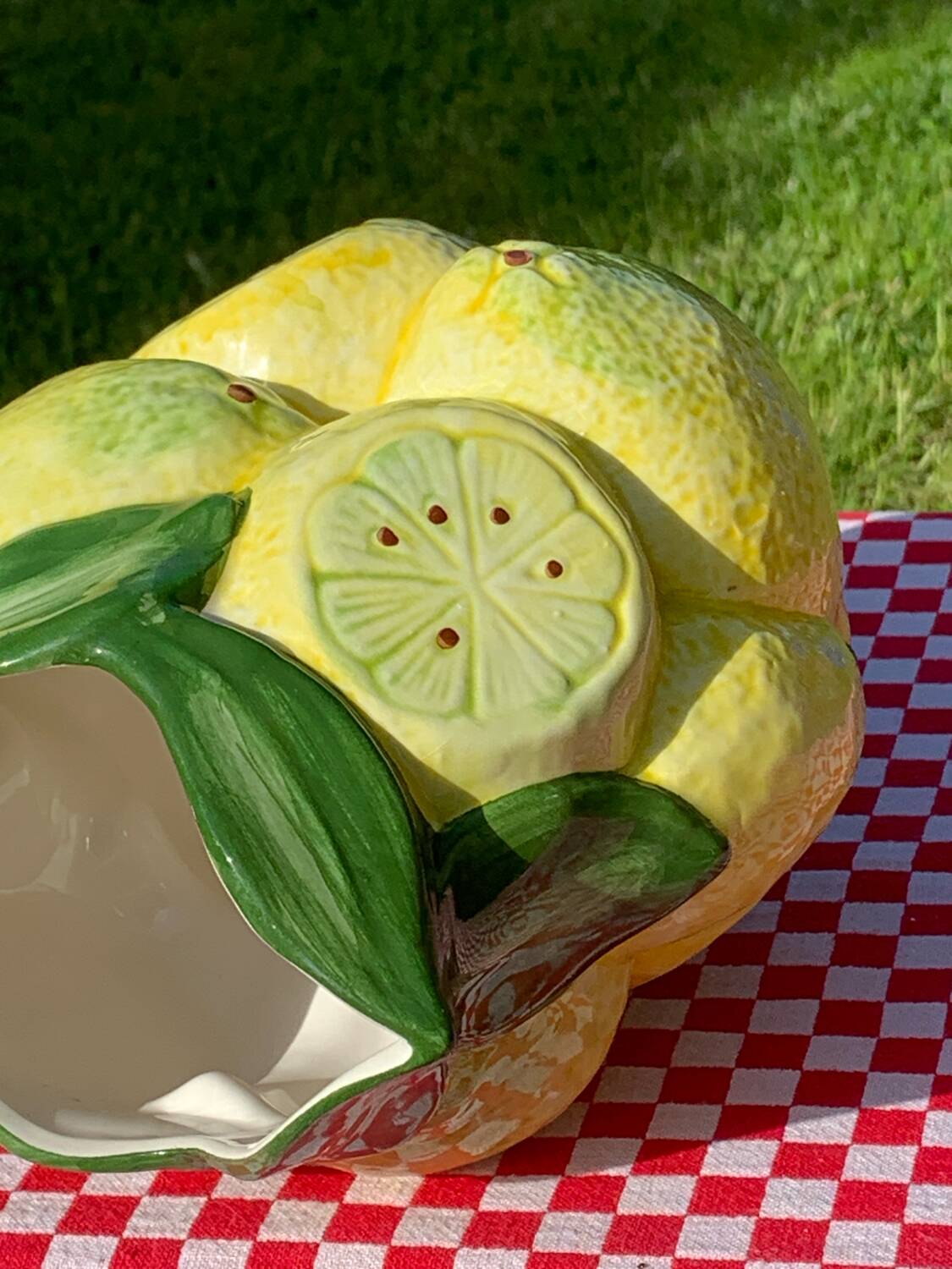 Hand-painted lemon barbotine pitcher vintage Italy