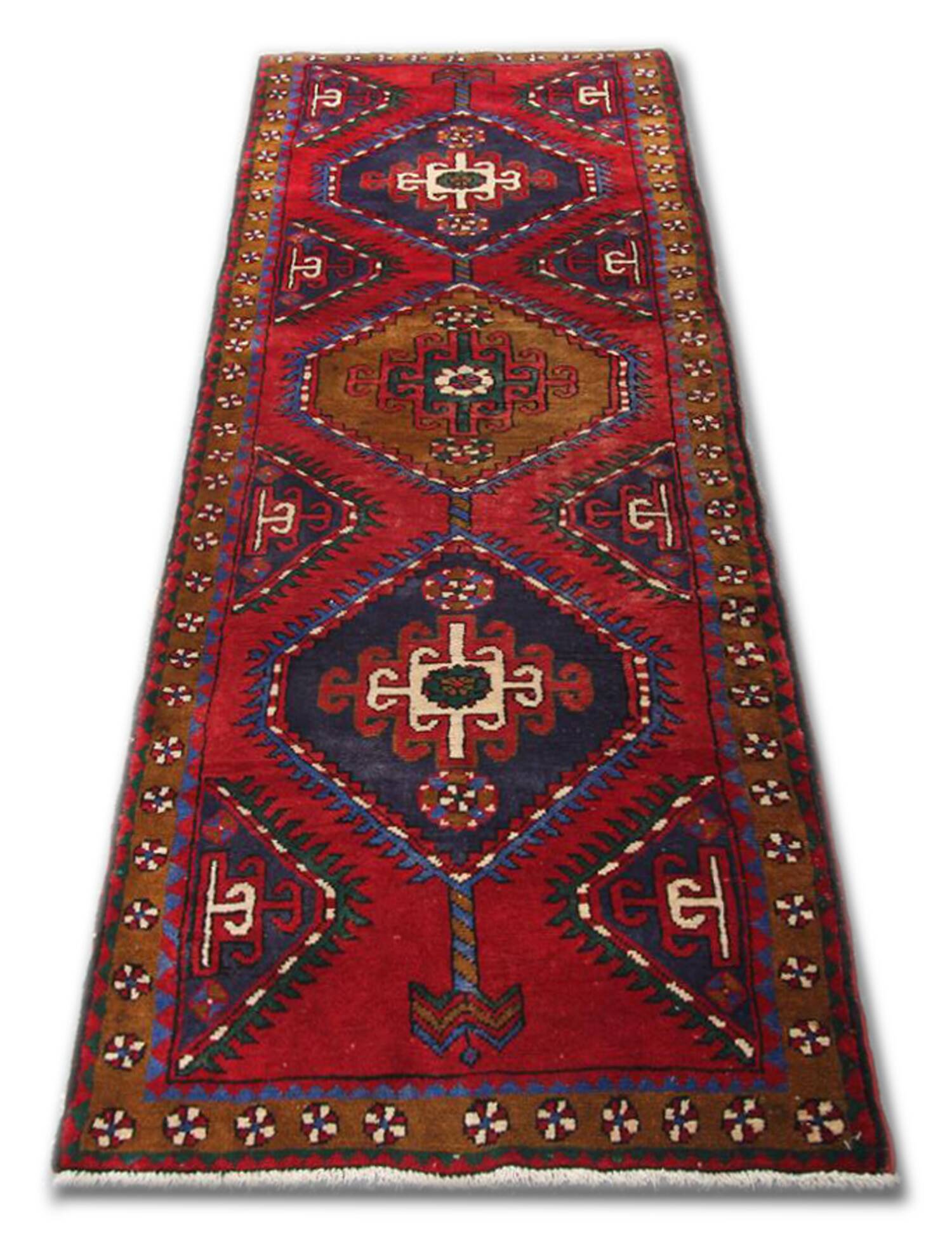 Vintage Geometric Burgundy Red Wool Runner Rug, 1950s Hand-Knotted Carpet