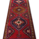 Vintage Geometric Burgundy Red Wool Runner Rug, 1950s Hand-Knotted Carpet