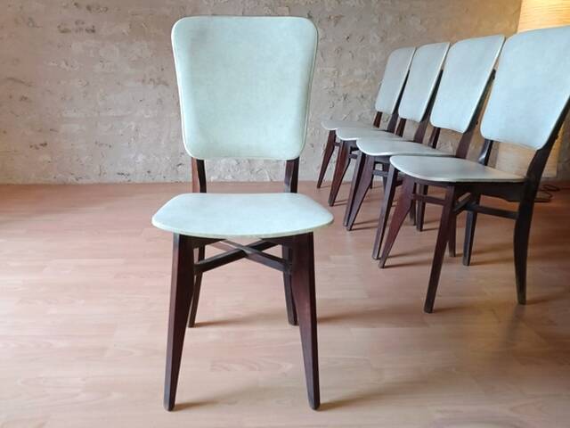 5 vintage chairs from the 60s, white leatherette, mahogany wood