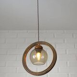 Wooden hanging light / vintage handmade rustic pendant lamp 1970's
