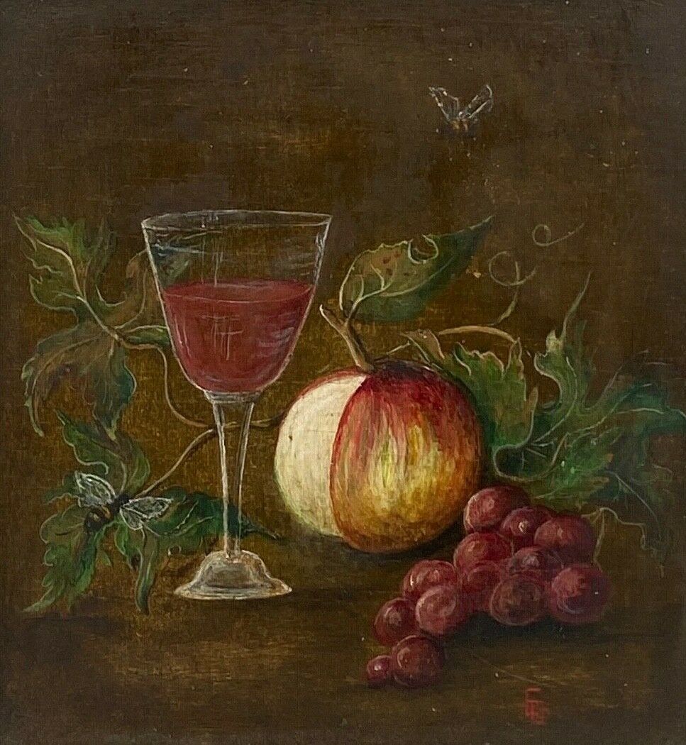 Oil panel monogram eg to identify still life fruits glass wine