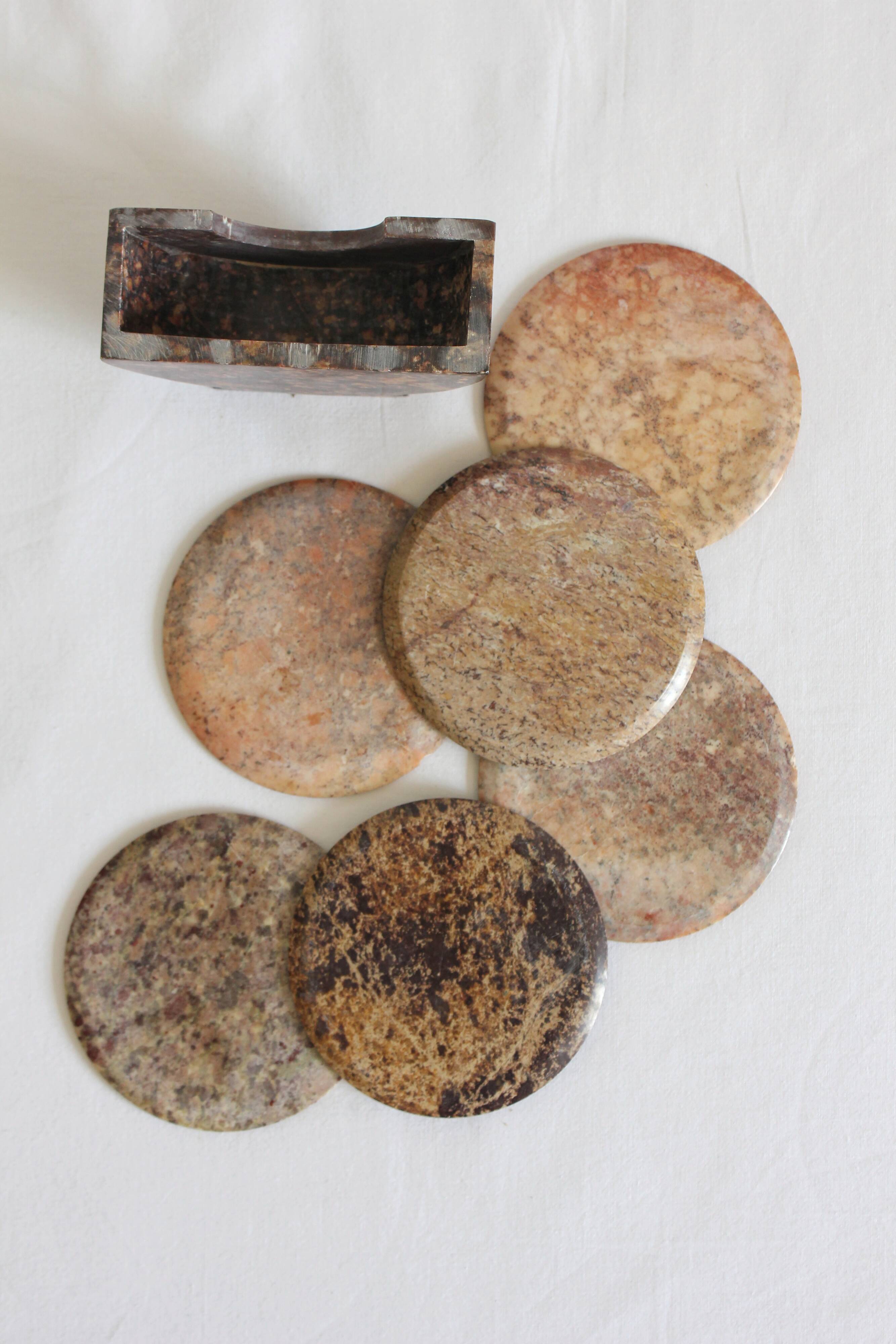 Set of 6 vintage stone/marble coasters and case
