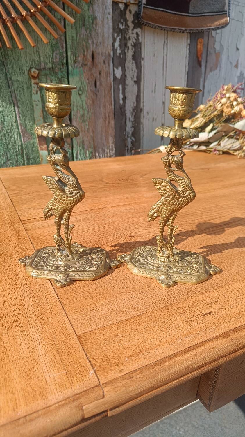Bronze candlesticks, heron, Orientalist Art Deco