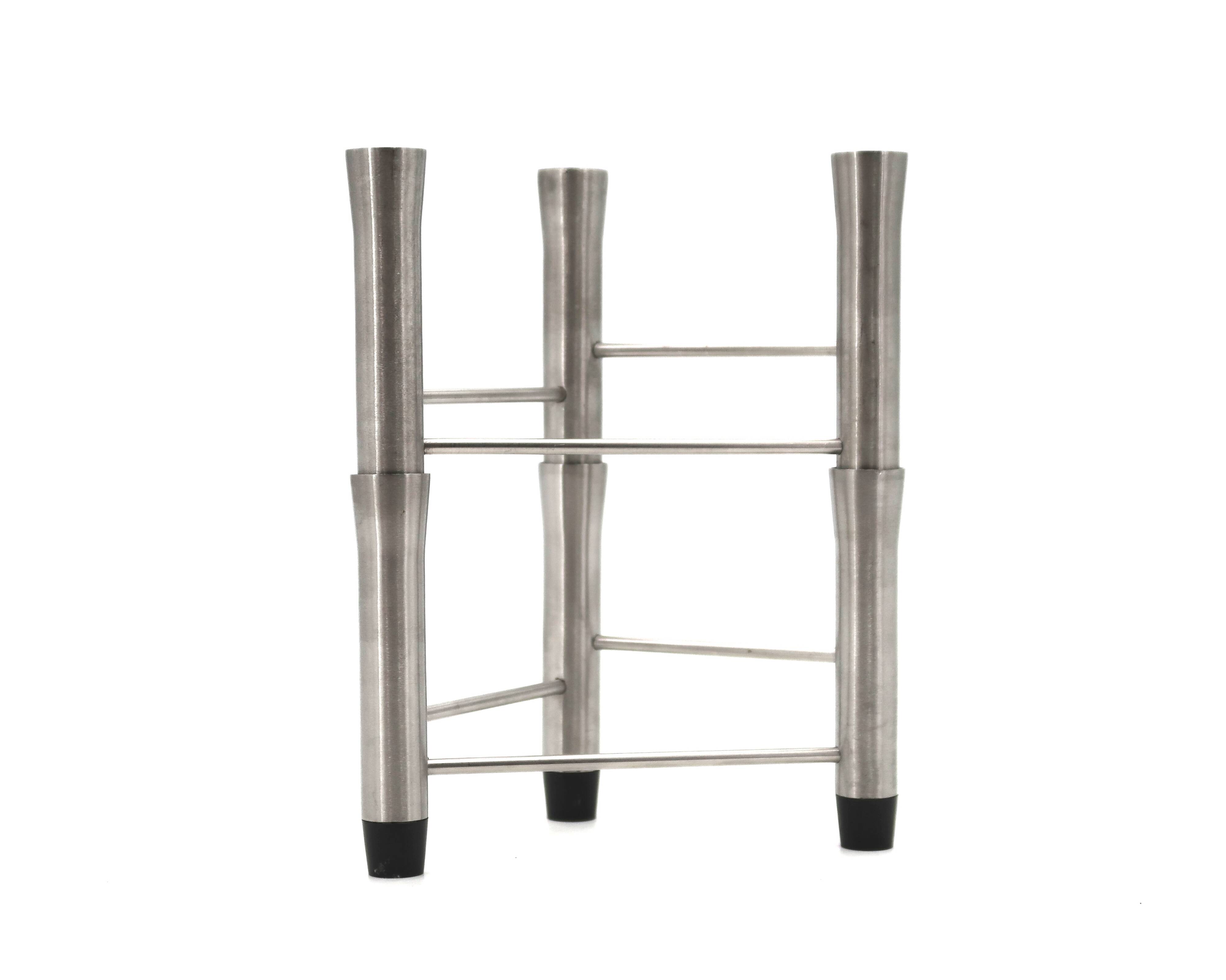 Pair of brushed steel tripod candlesticks, 1970s