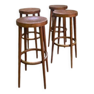 4 vintage Baumann bar stools in varnished beech - 1950s/1960s