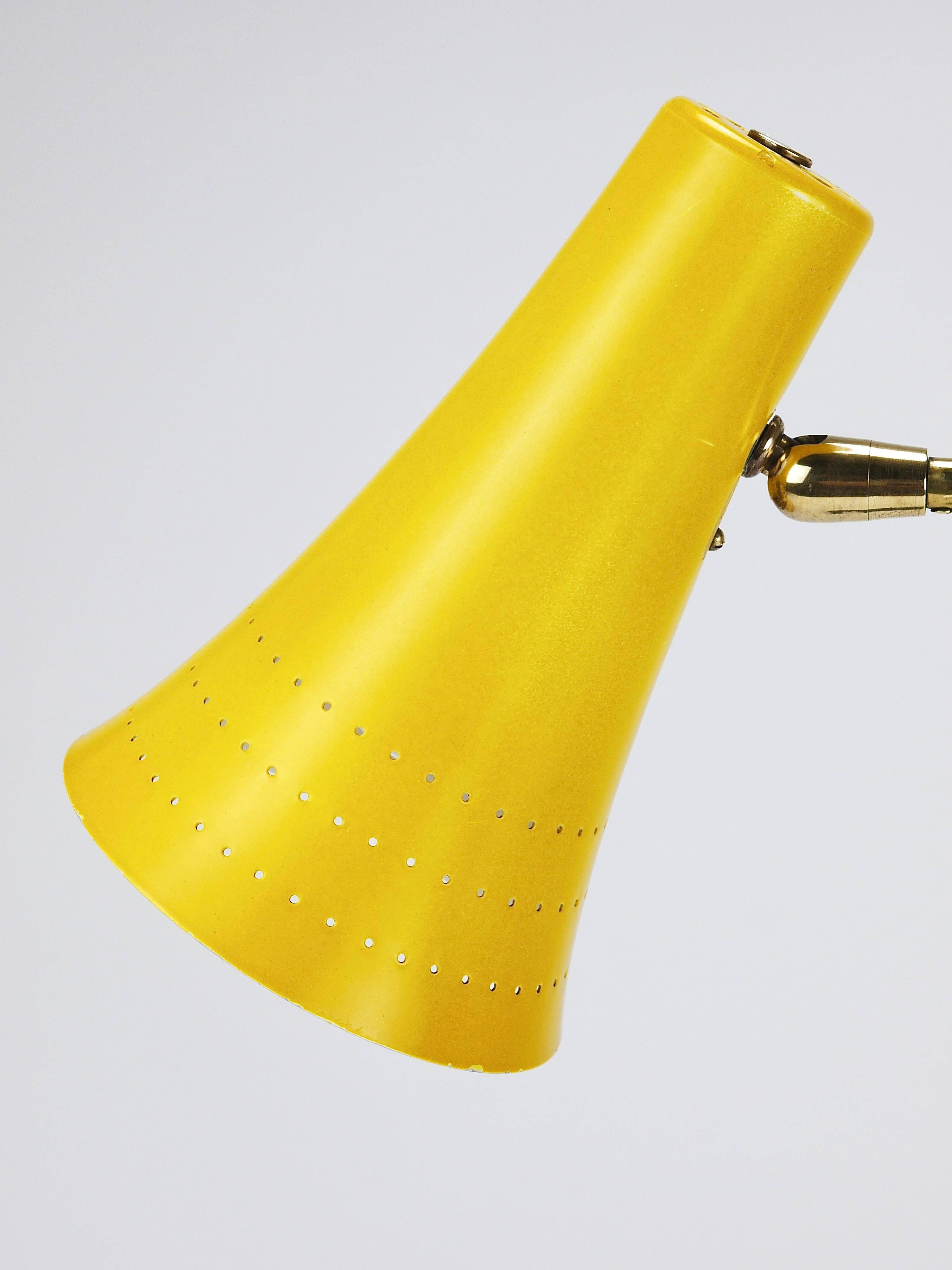 Yellow desk, table or accent lamp by J.T. Kalmar, brass and iron, Vienna, Austria, 1950s.