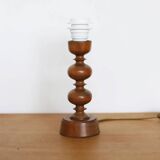 Lampe à poser, pied en bois tourné 1960 et abat-jour vichy bleu ciel