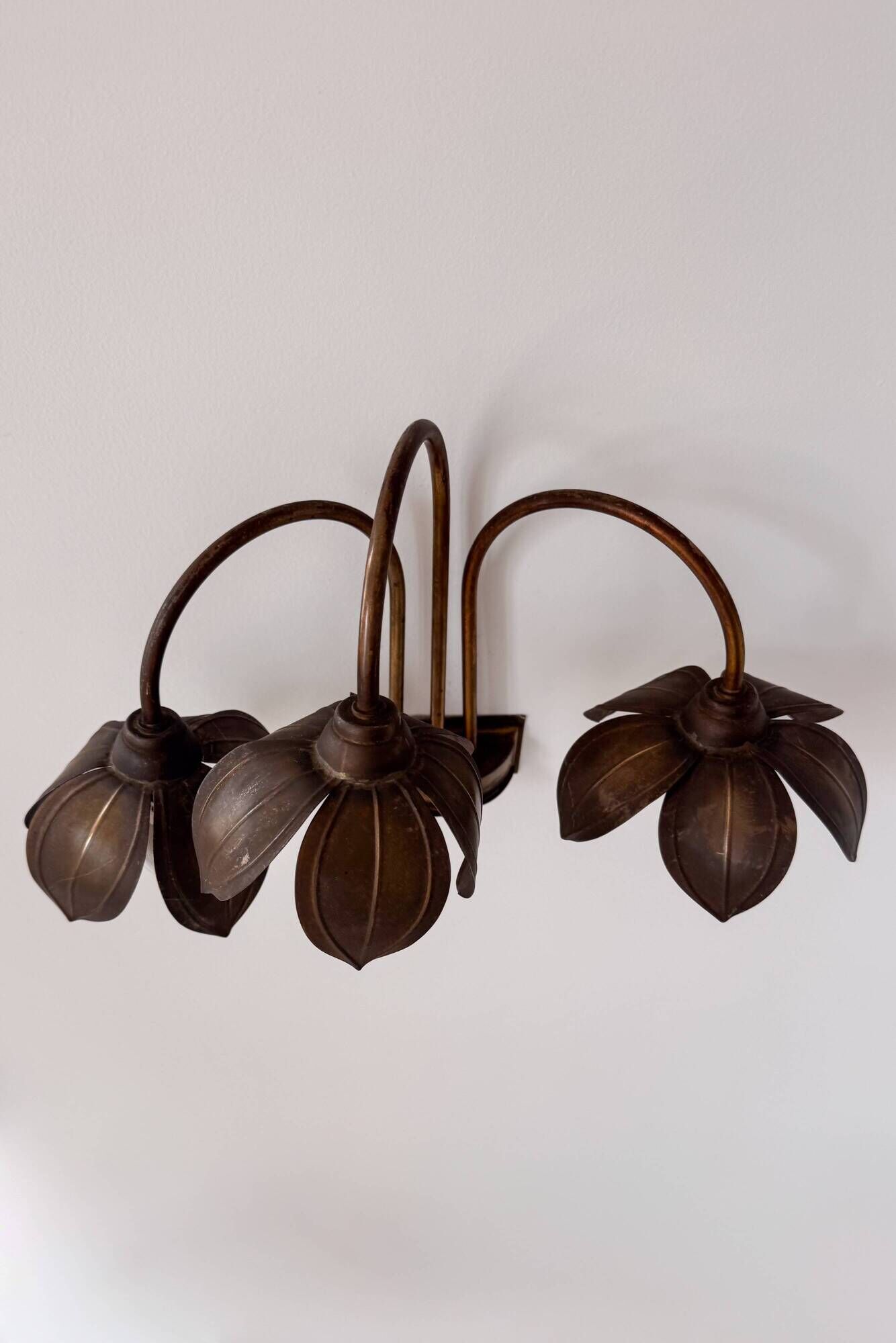 Vintage brass wall light with three branches, floral pattern, France, 1970.