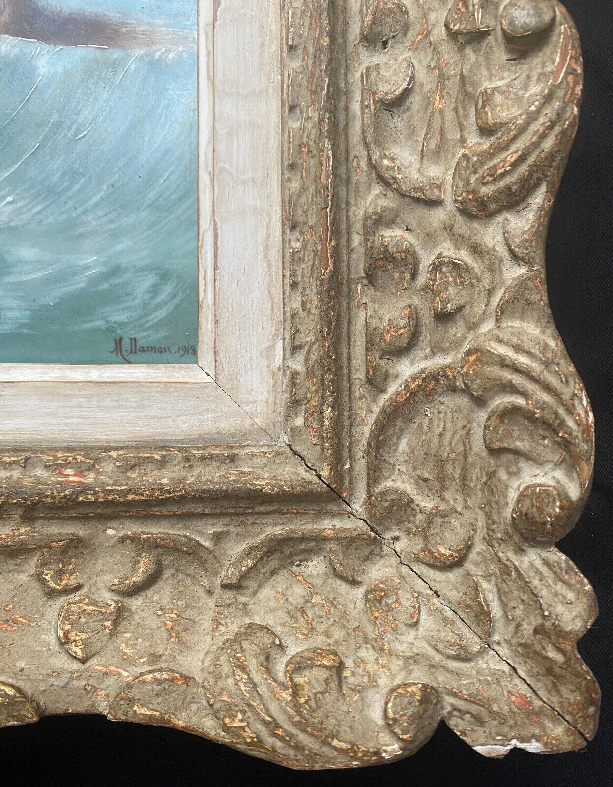 Painting HSCéramique "Nue sur la vague" signed M. Damon 1918 + frame