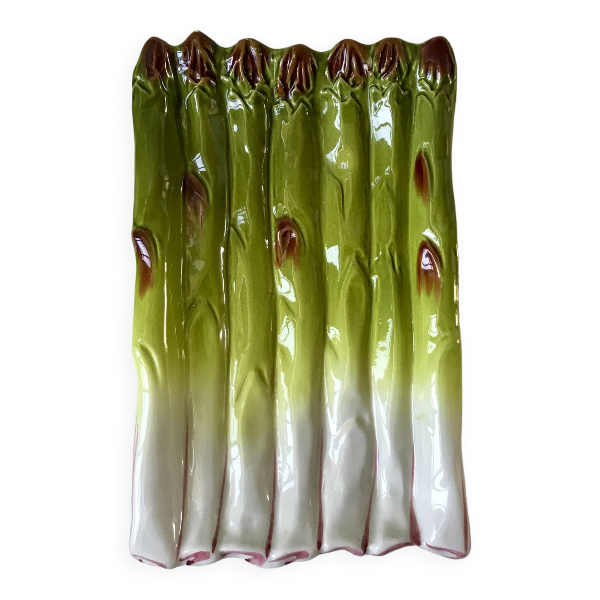 Plat à Asperges Barbotine Avec Anses - Motif Vannerie, Longueur 41 Cm - Occasion Bon État