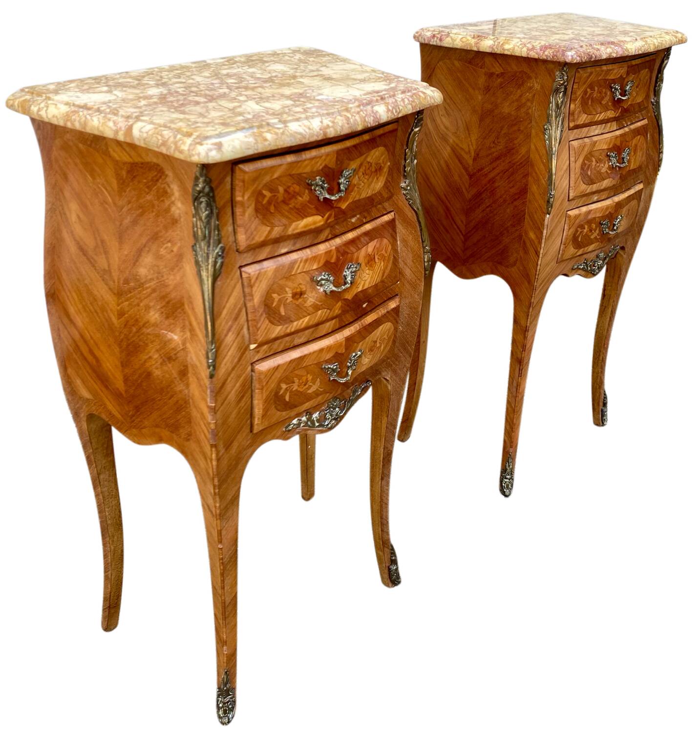 Pair of bedside tables in marquetry – veined marble top – Louis XV style