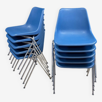 Lot de 10 chaises Polyprop bleue Robin Day pour Hille années 60 Angleterre