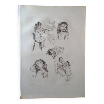 planche héliogravure de Dujardin thème enfant illustrateur Adrien marie 1883 ( lire description )